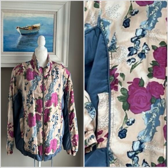 Vintage Jackets & Blazers - Vintage 90s Hunt Club Silk Floral Windbreaker Zipper Jacket Medium